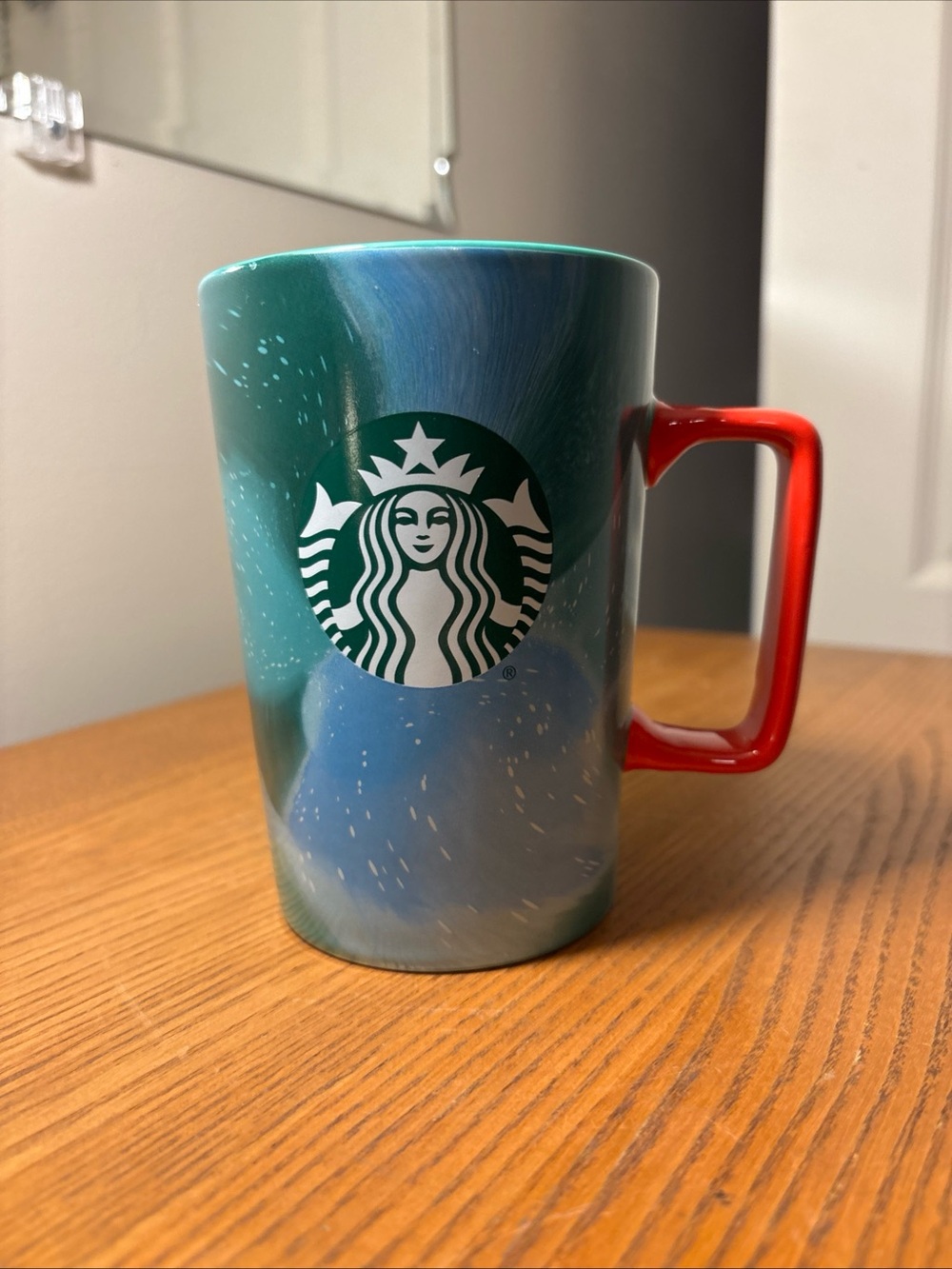 Starbucks Green-Blue Gradient Mug with Red Handle